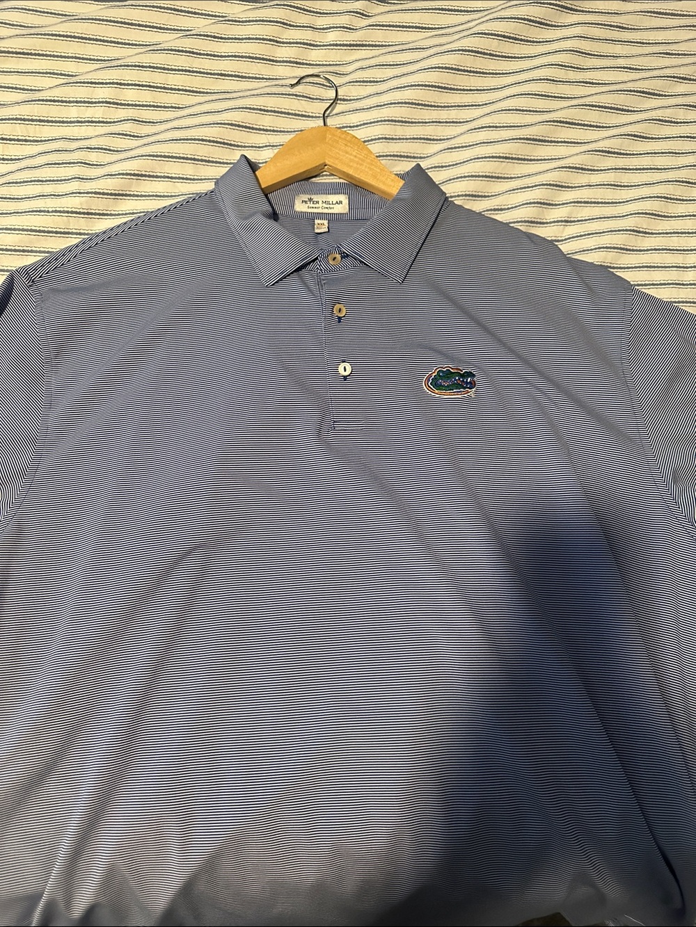 Peter Millar Blue Micro-Striped Polo with Embroidered Gator Patch